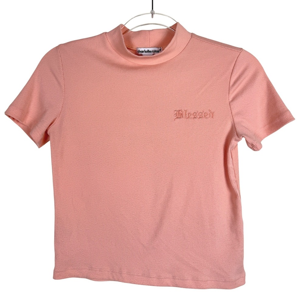 Charlotte Russe Mock Neck Top Womens S Pink Ribbed Blessed Embroidered Tee Y2K - Picture 2 of 7